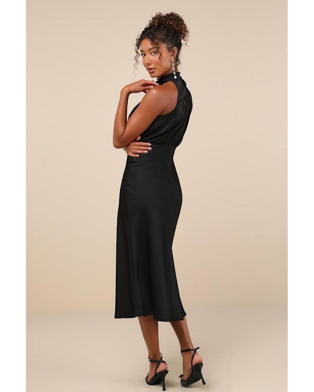 Lulus Natural Distinctive Charm Satin Asymmetrical Midi Dress