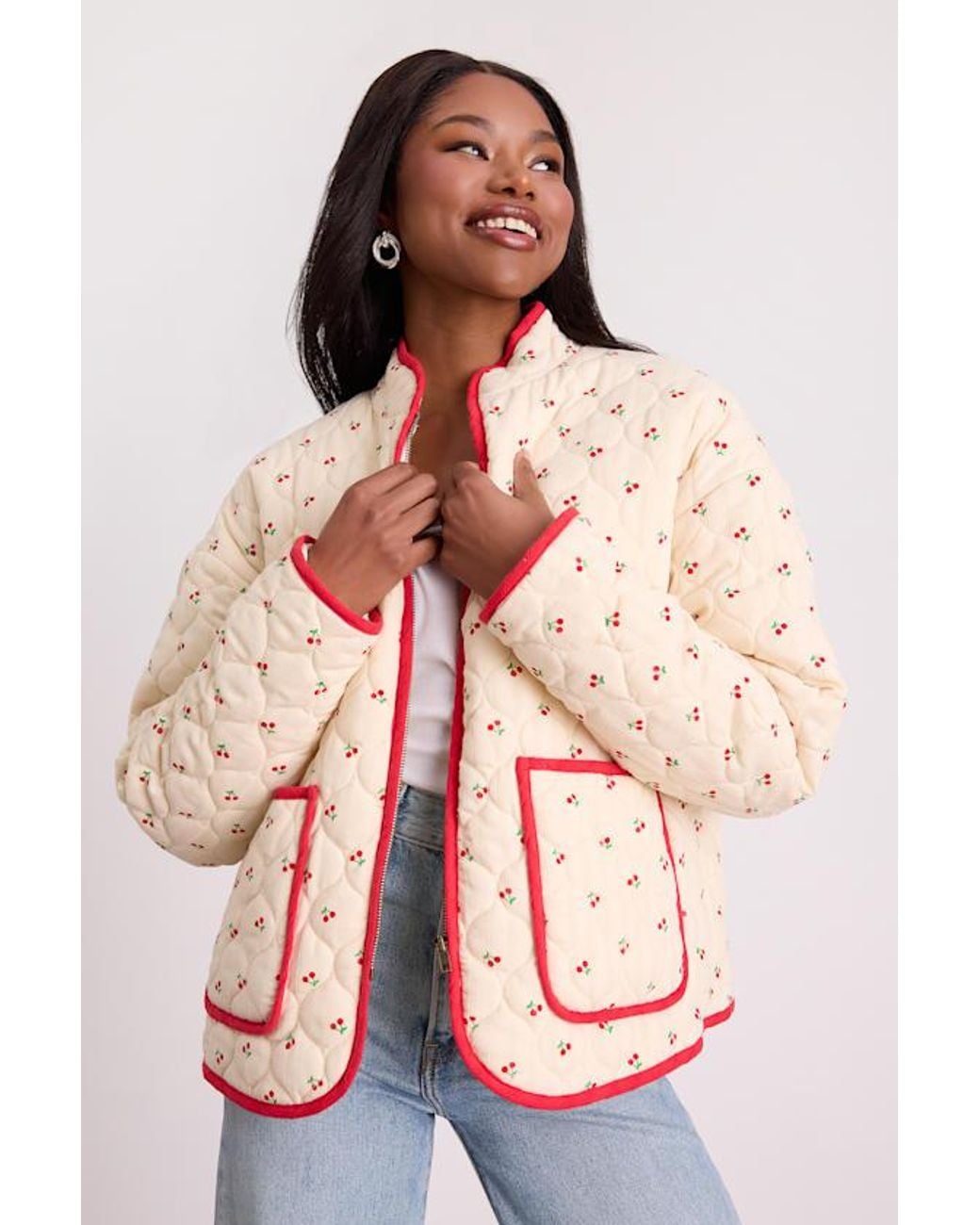 Lulus White Bundled Perfection Cream Cherry Print Quilted Puffer Jacket