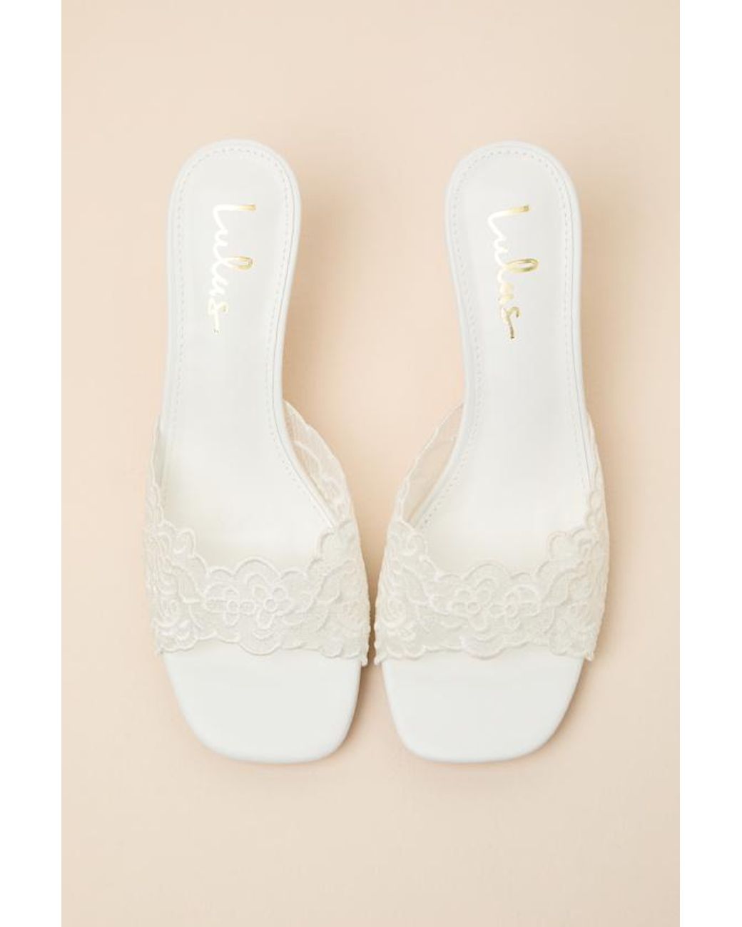 Lulus Natural Chanel Lace Kitten Heel Slide Sandals
