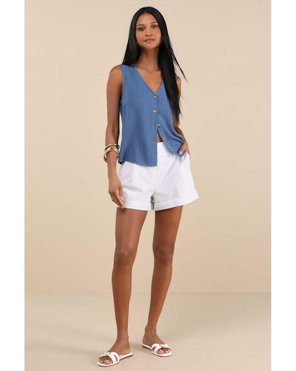 Lulus Blue Marieke Pleated High-Rise Shorts