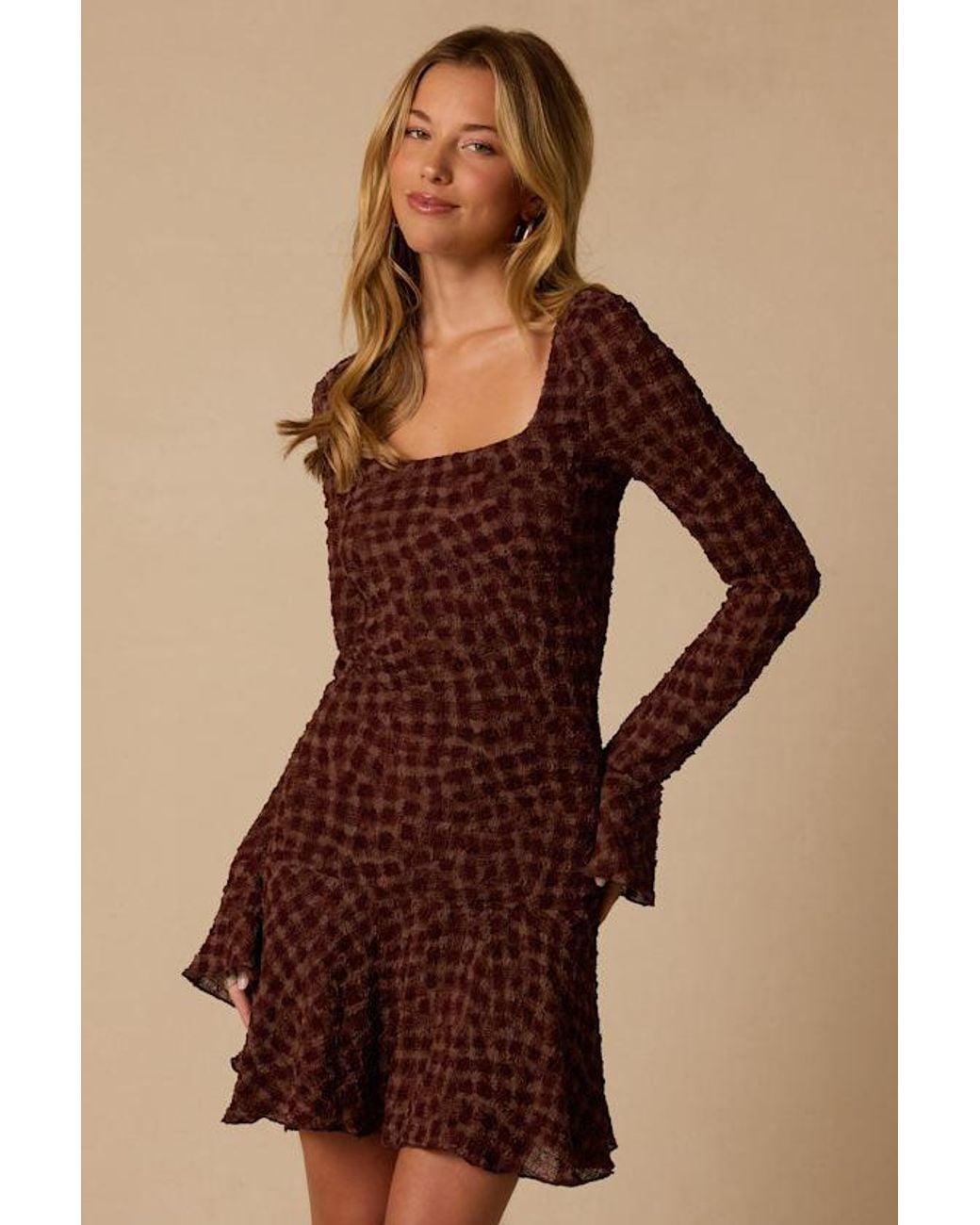 Lulus Brown Natalie Print Long Sleeve Mini Dress