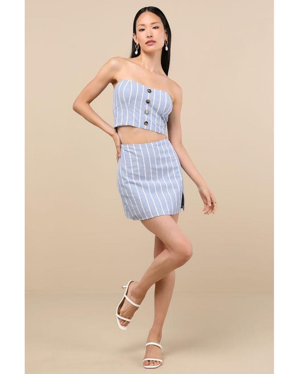 Lulus Blue Solana Striped Strapless Button-Front Top