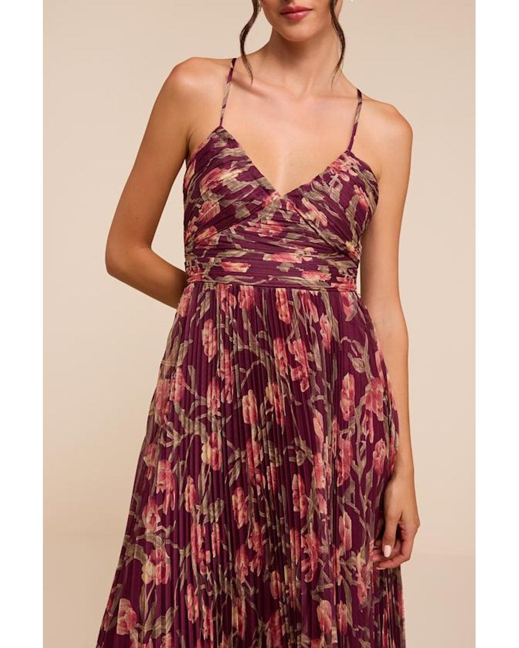 Lulus Red Rebena Plum Multi Floral Pleated Maxi Dress