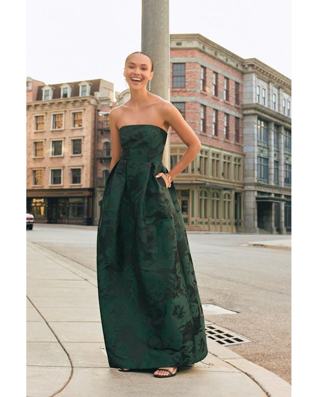 Lulus Green Laurelin Emerald Floral Jacquard Pleated Strapless Maxi Dress