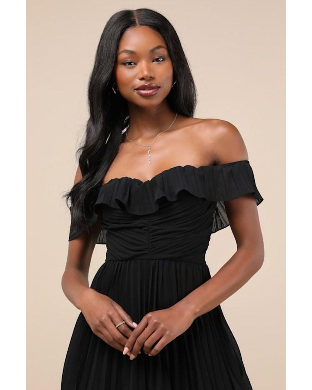 Lulus Black Always Remarkable Pleated Off-The-Shoulder Maxi Dress