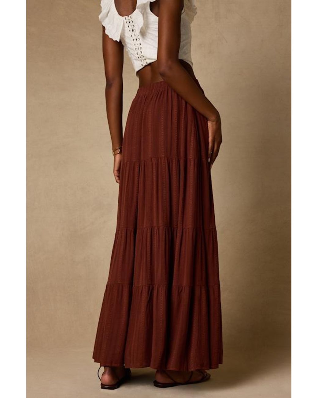 Lulus Brown Sunset By The Sea Embroidered Tiered Maxi Skirt