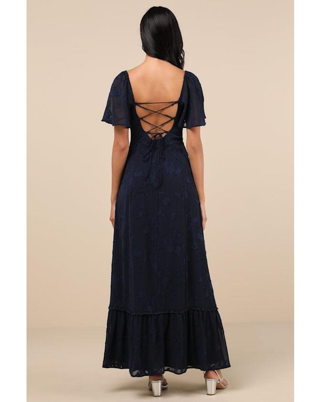 Lulus Blue Tailor Made For You Dark Jacquard Lace-Up Maxi Dress