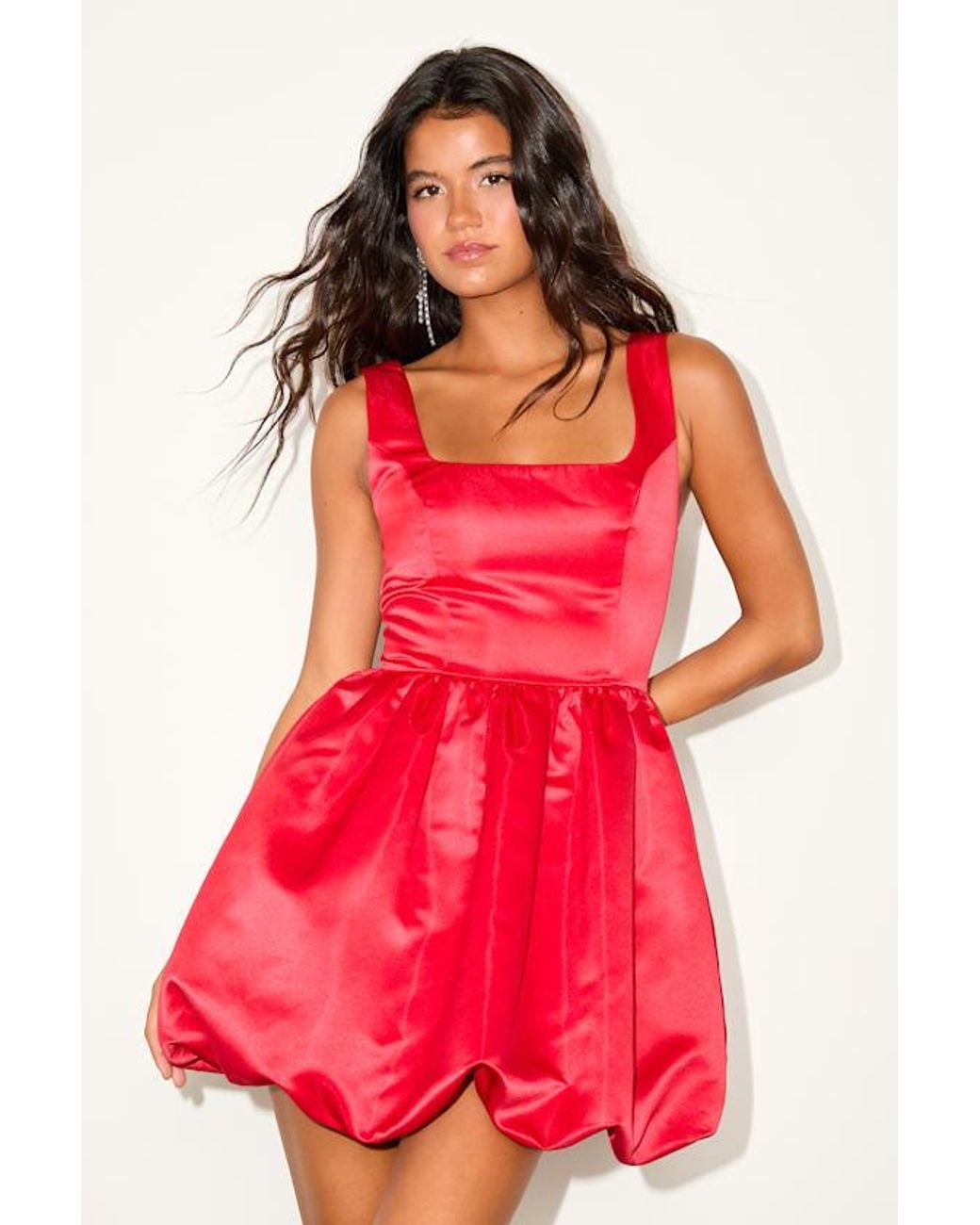 Lulus Red Regal Cutie Satin Square Neck Bubble-Hem Mini Dress