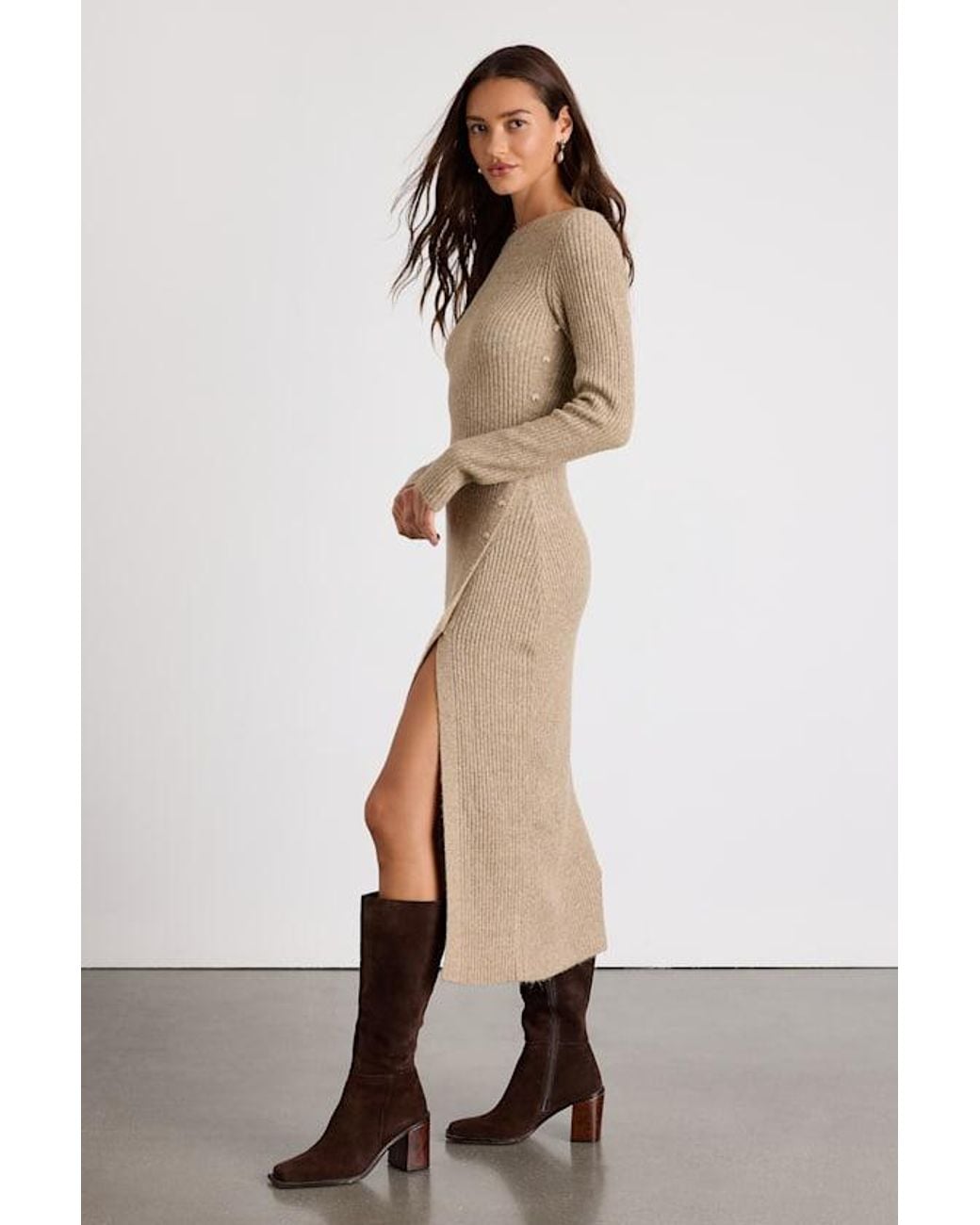 Lulus Natural Rileynn Heathered Ribbed Sweater Midi Dress