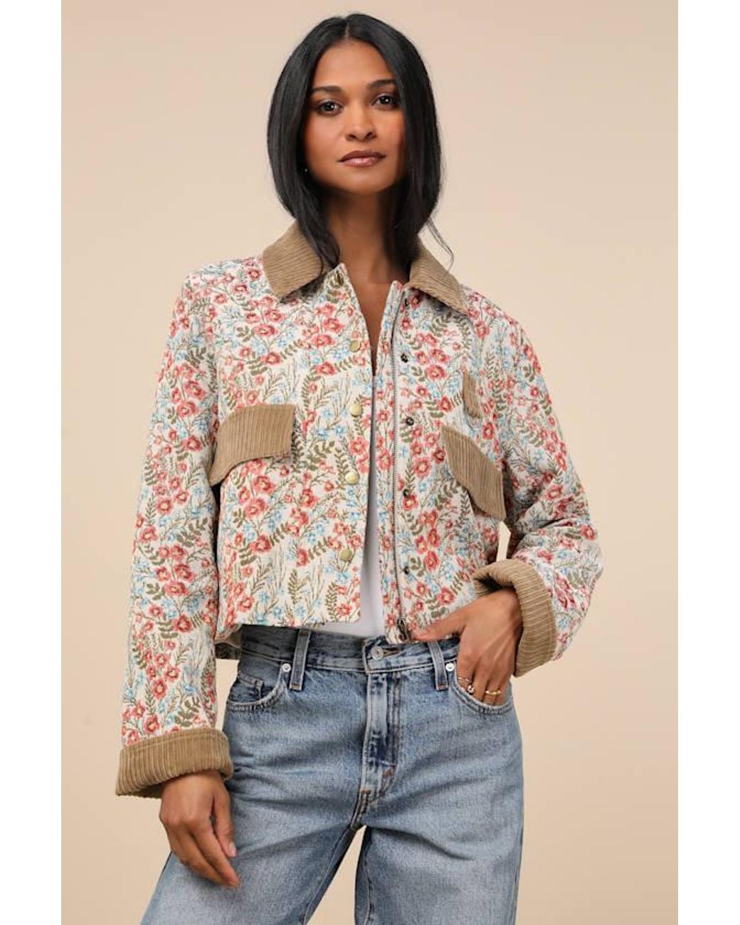 Lulus Natural Morrina Multi Floral Jacquard Barn Jacket