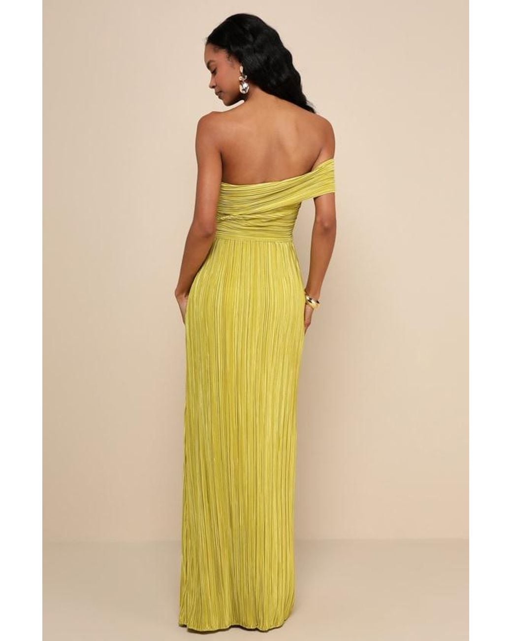 Lulus Yellow Poised Performance Chartreuse Plisse One-Shoulder Maxi Dress