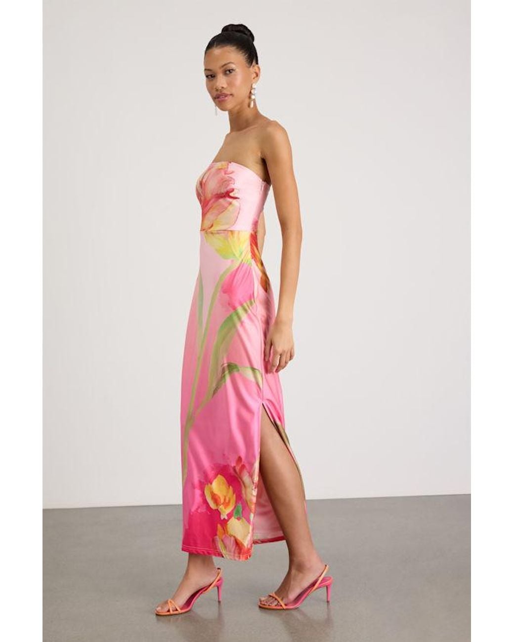 Lulus Pink Anahi Multi Floral Satin Strapless Maxi Dress