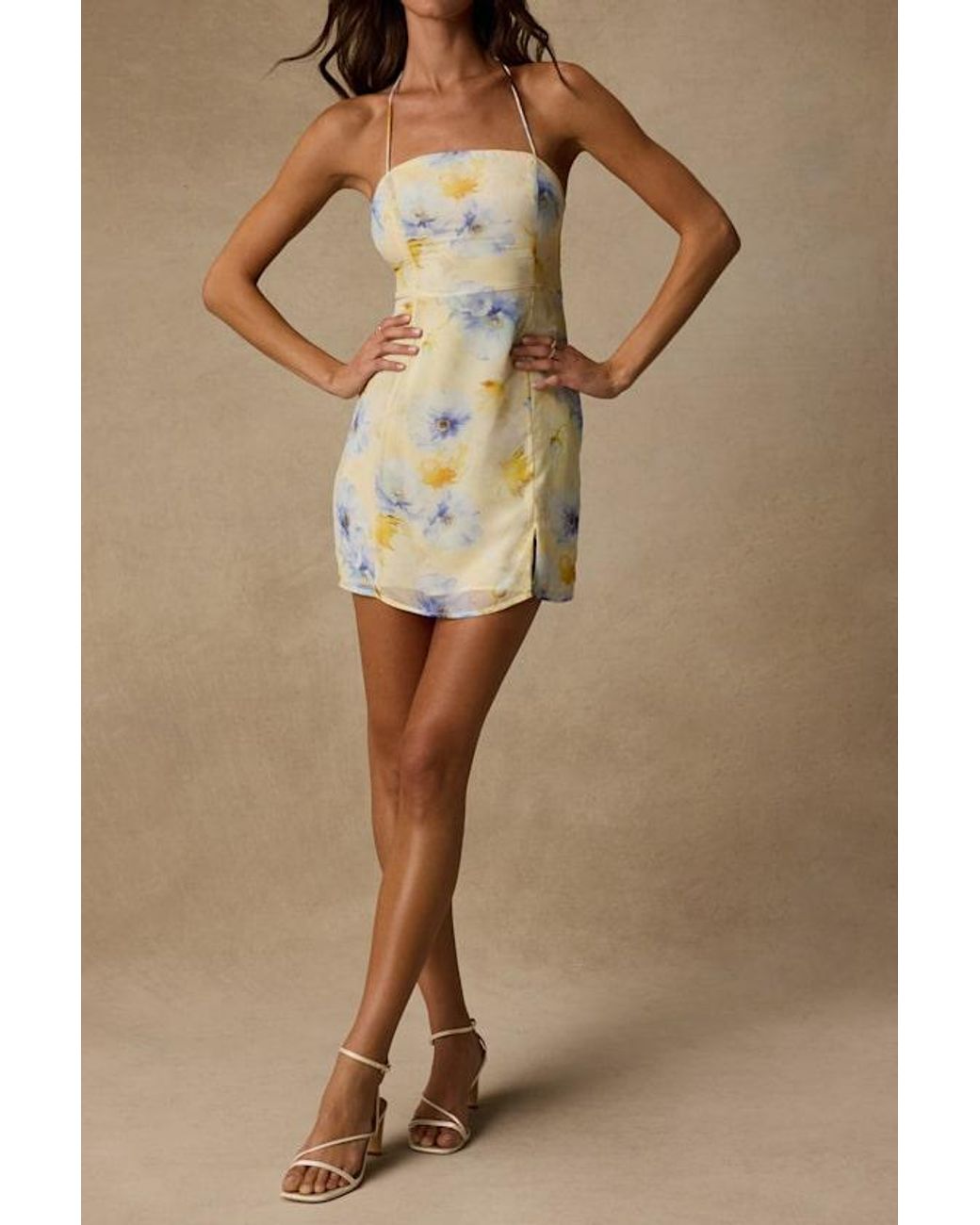 Lulus Natural Catch The Bouquet Floral Halter Lace-Up Mini Dress