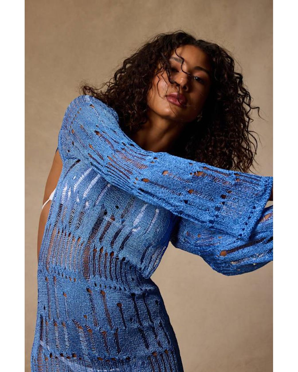 Lulus Blue Salise Shiny Distressed Maxi Swim Cover-Up