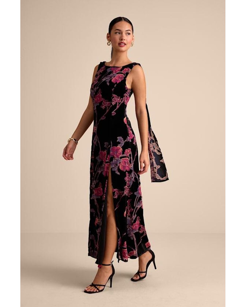 Lulus Black Liora Velvet Floral Burnout Boat Neck Sash Maxi Dress