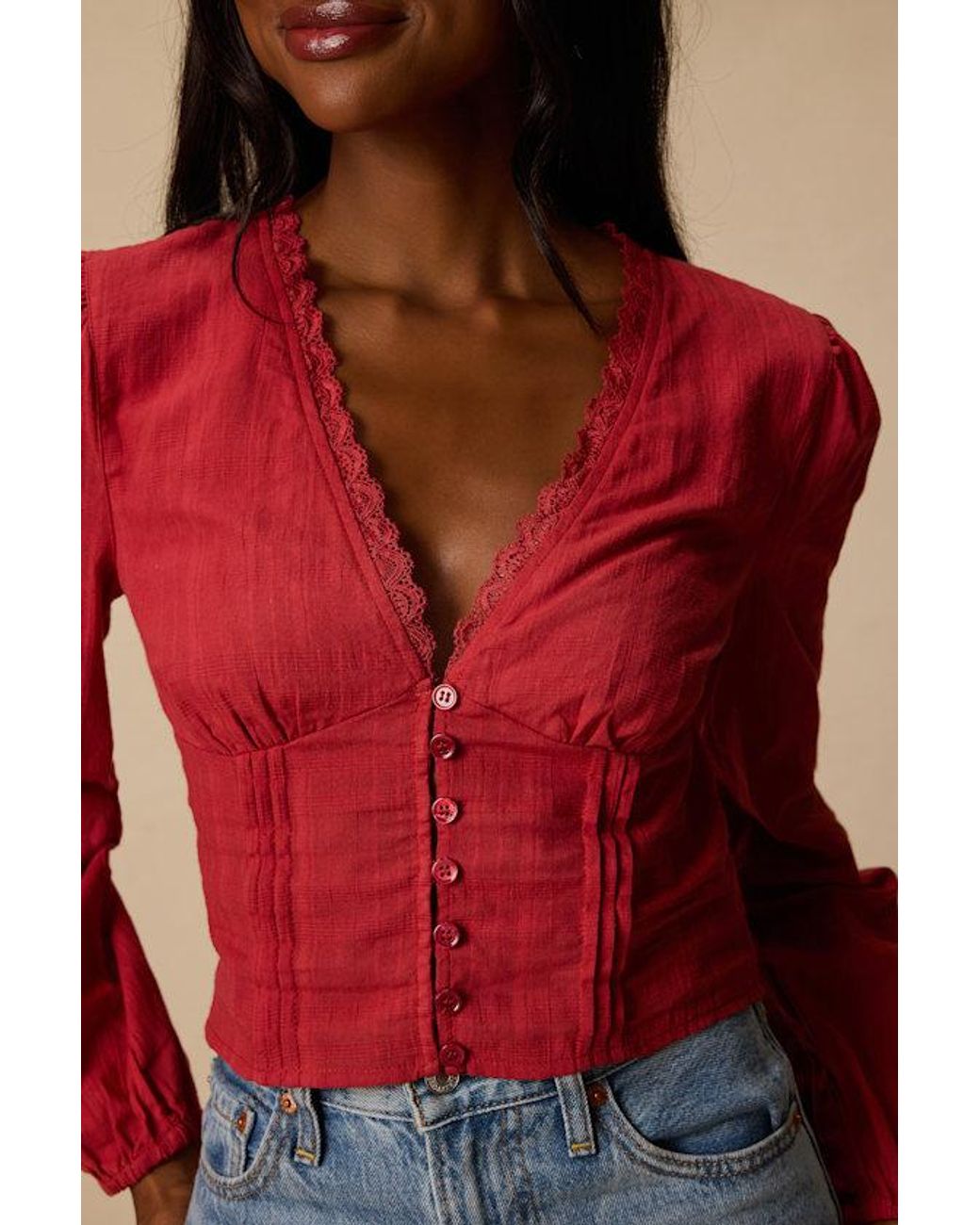 Lulus Red Keyra Button-Front Balloon Sleeve Crop Top