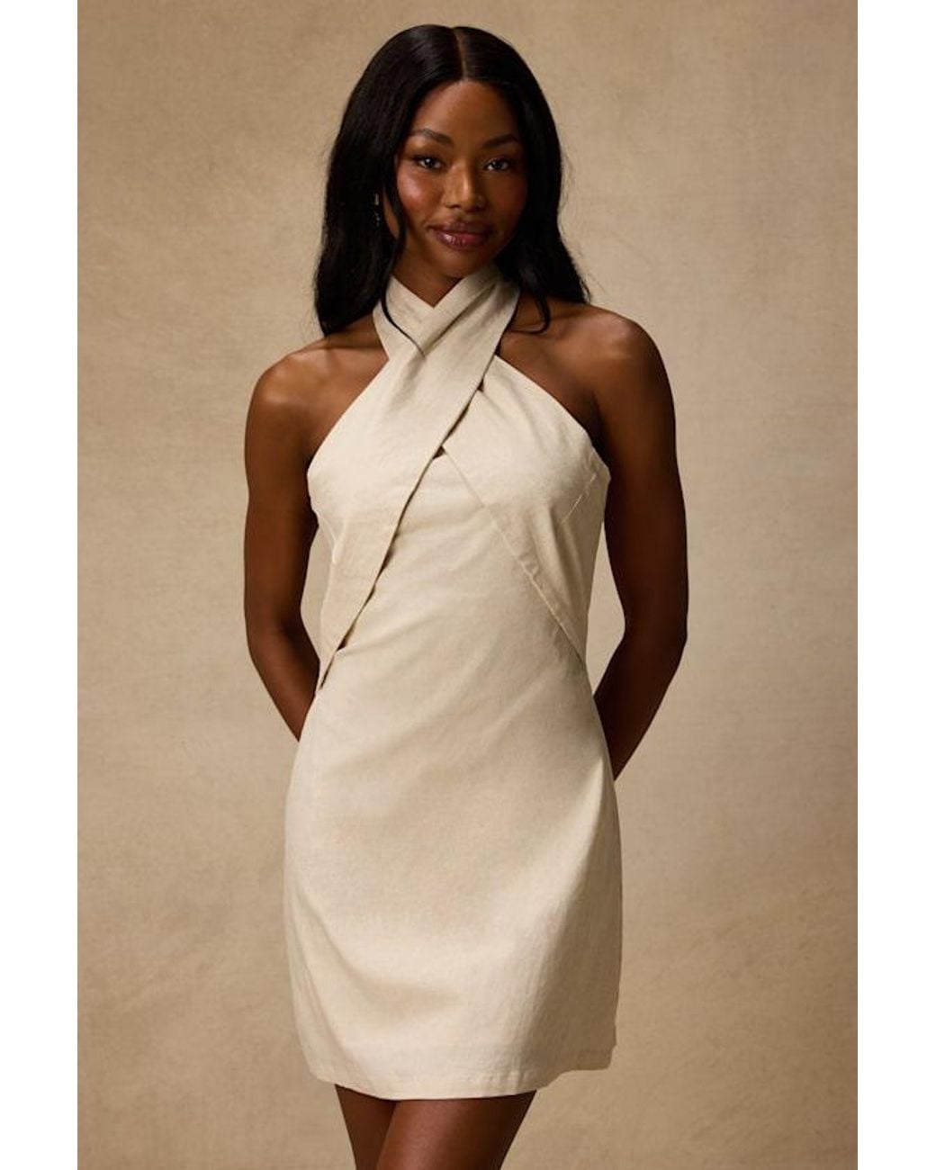 Lulus Natural Alette Light Cross-Front Halter Mini Dress