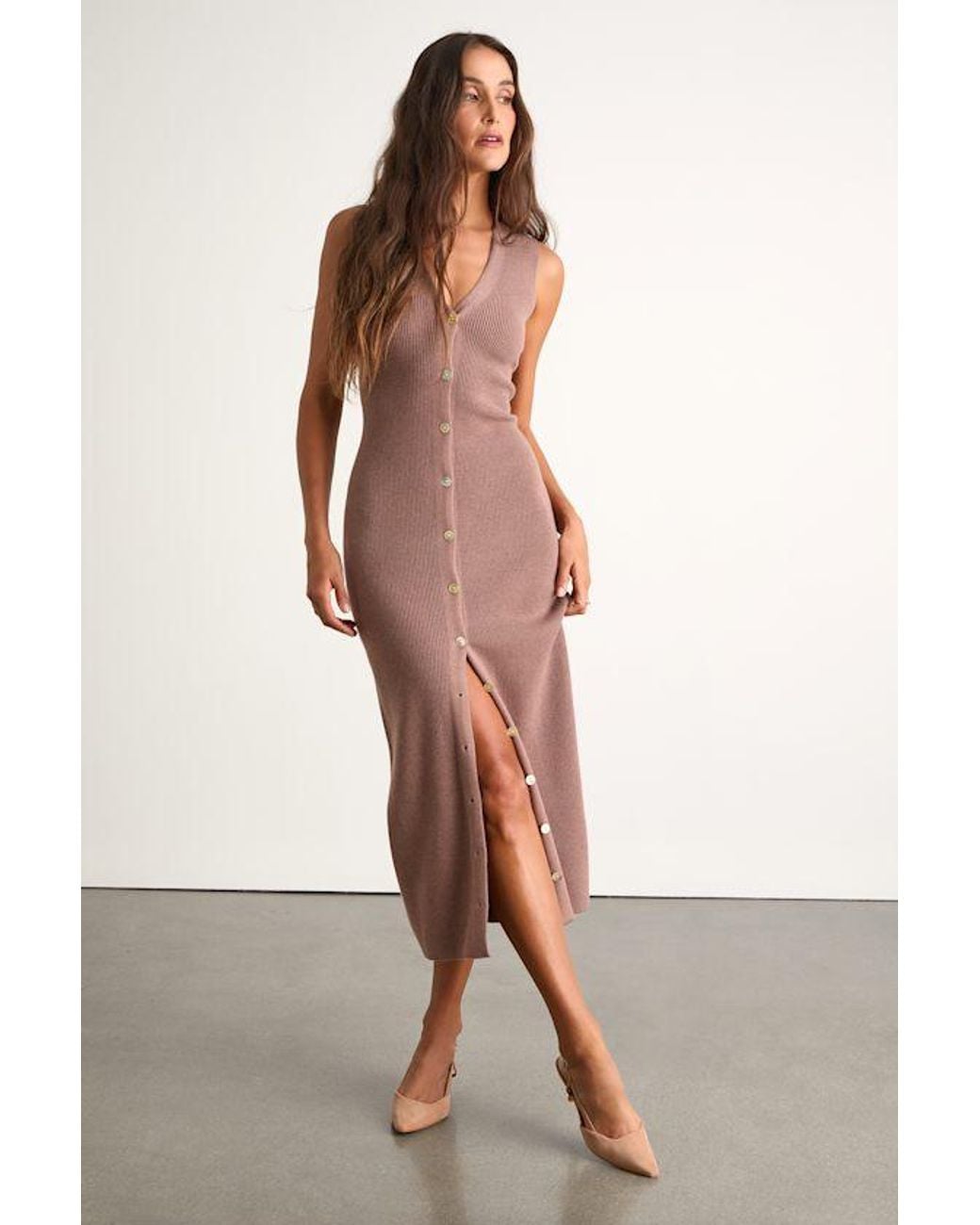 Lulus Brown Emelyne Ribbed Button-Front Sweater Midi Dress