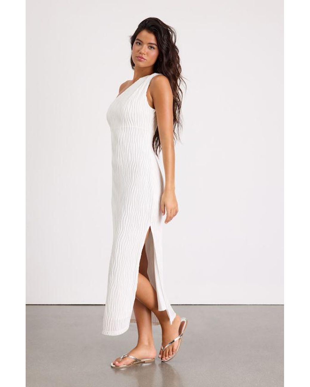 Lulus White Aristea Textured One-Shoulder Midi Dress
