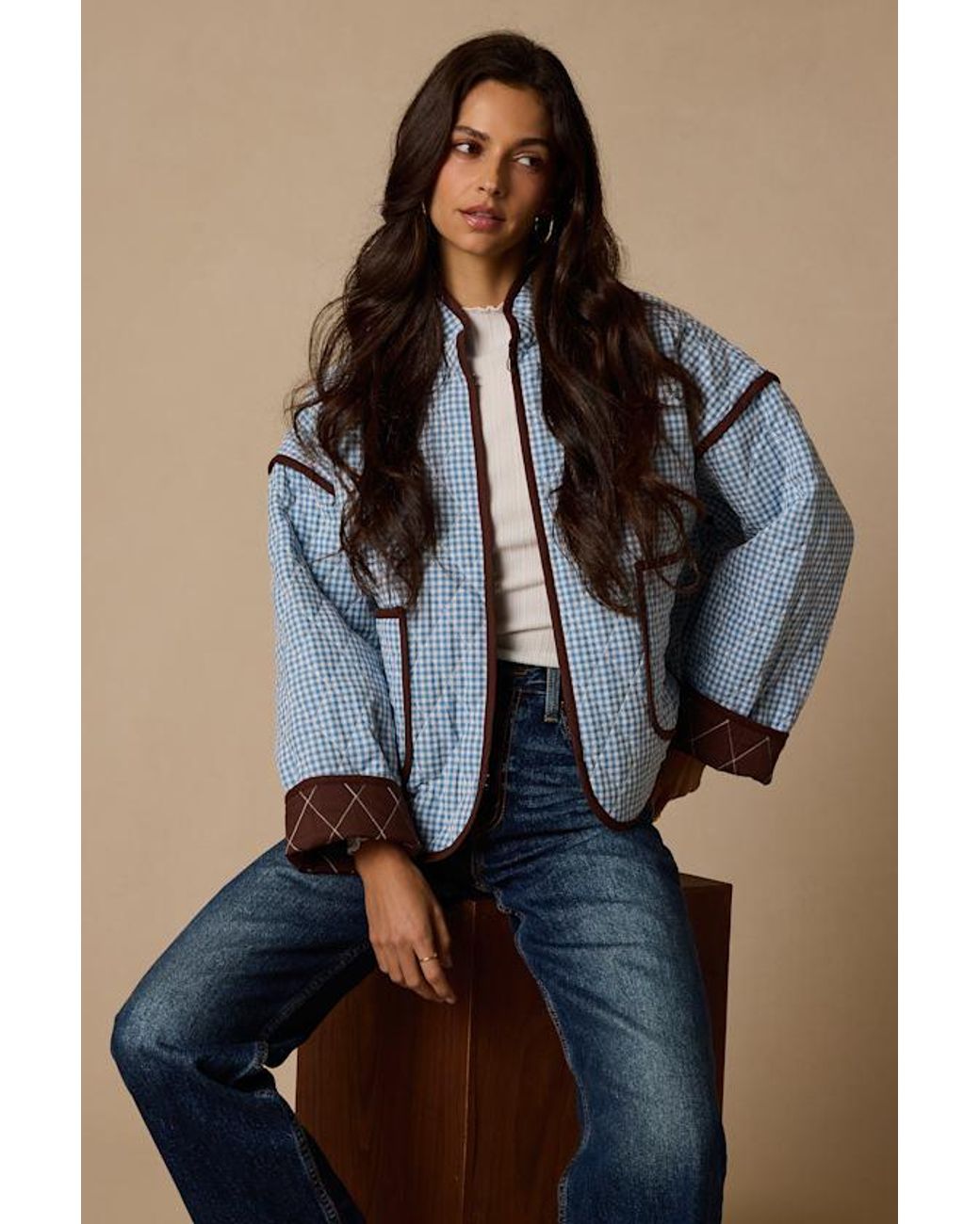 Lulus Blue Daisy Gingham Quilted Jacket