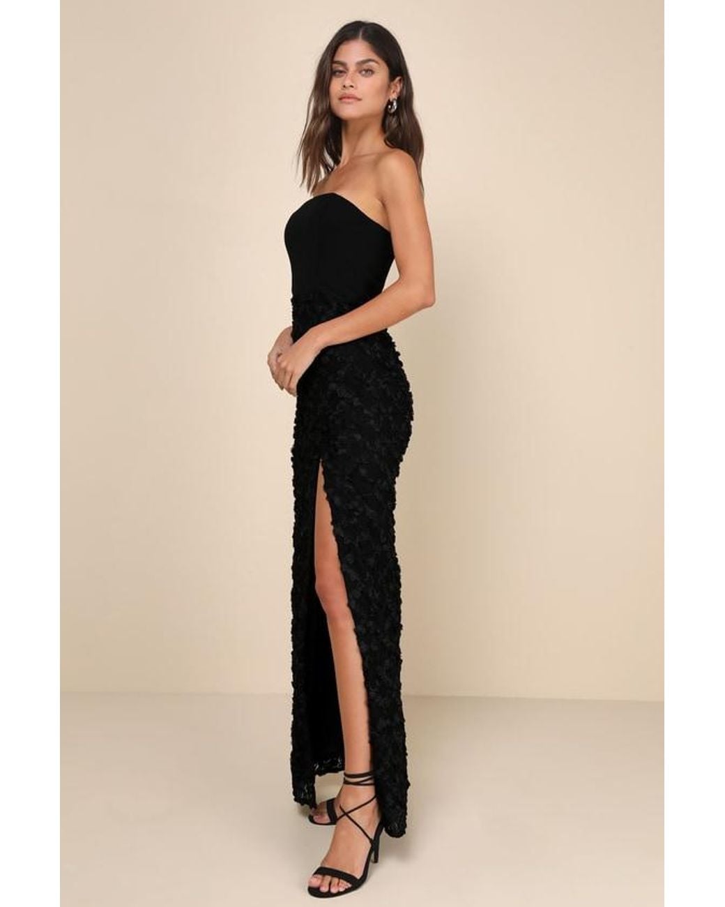 Lulus Black Ravishing Appeal 3D Floral Applique Strapless Maxi Dress