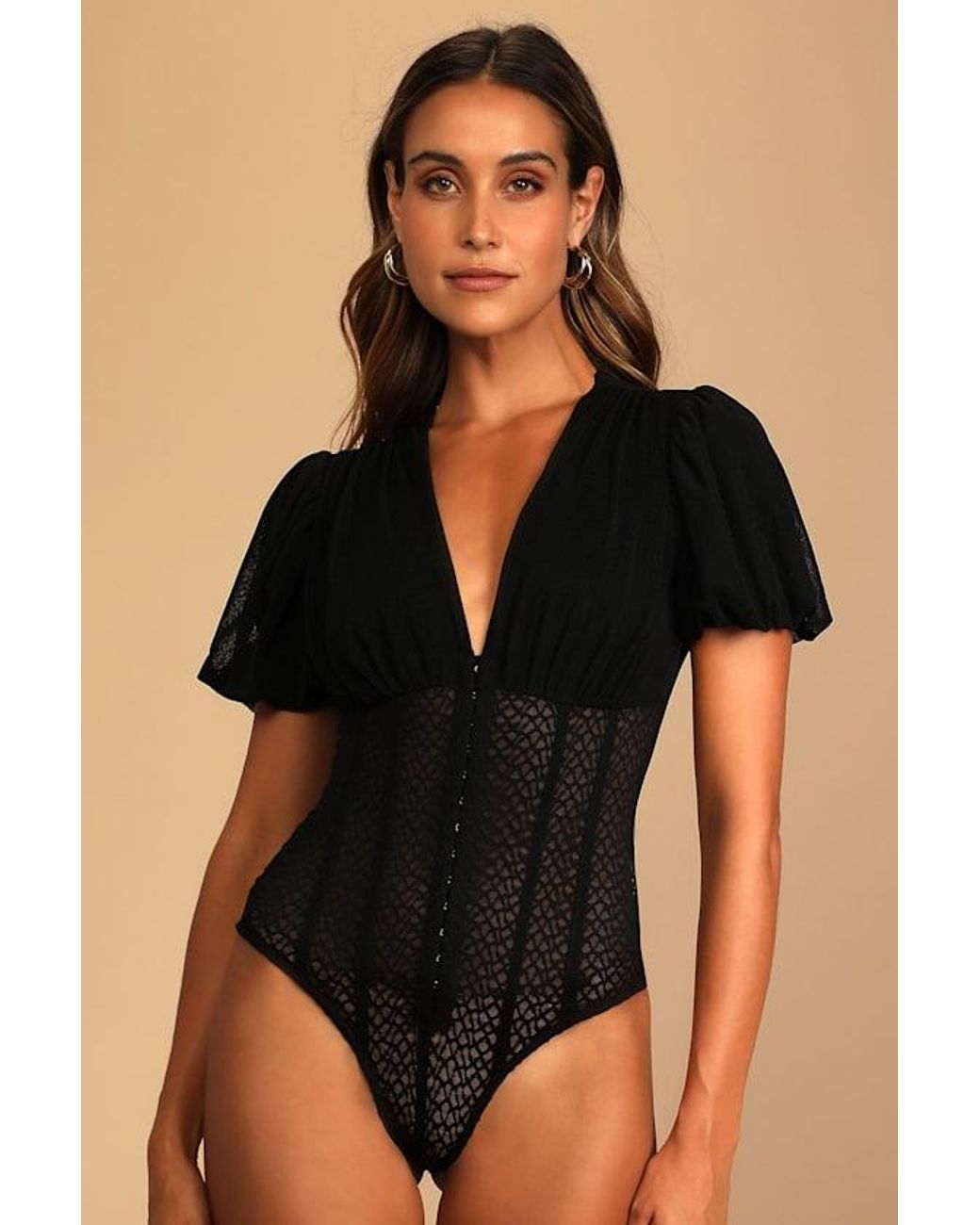 Lulus Black Properly Trendy Mesh Puff Sleeve Bodysuit