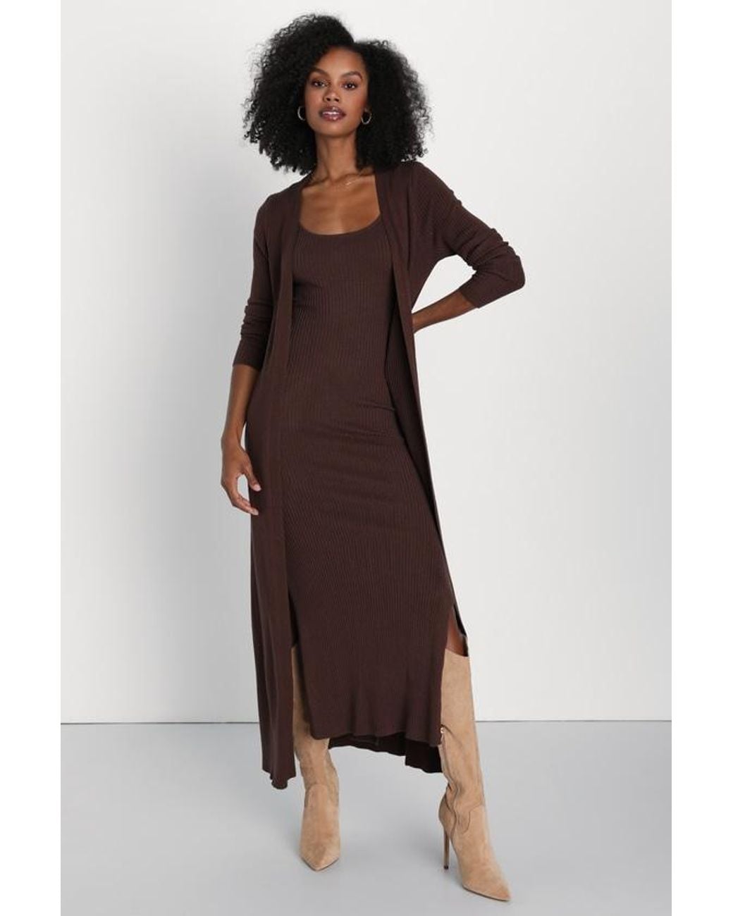 Lulus Brown Layer Lover Ribbed Knit Two-Piece Dress & Cardigan Set
