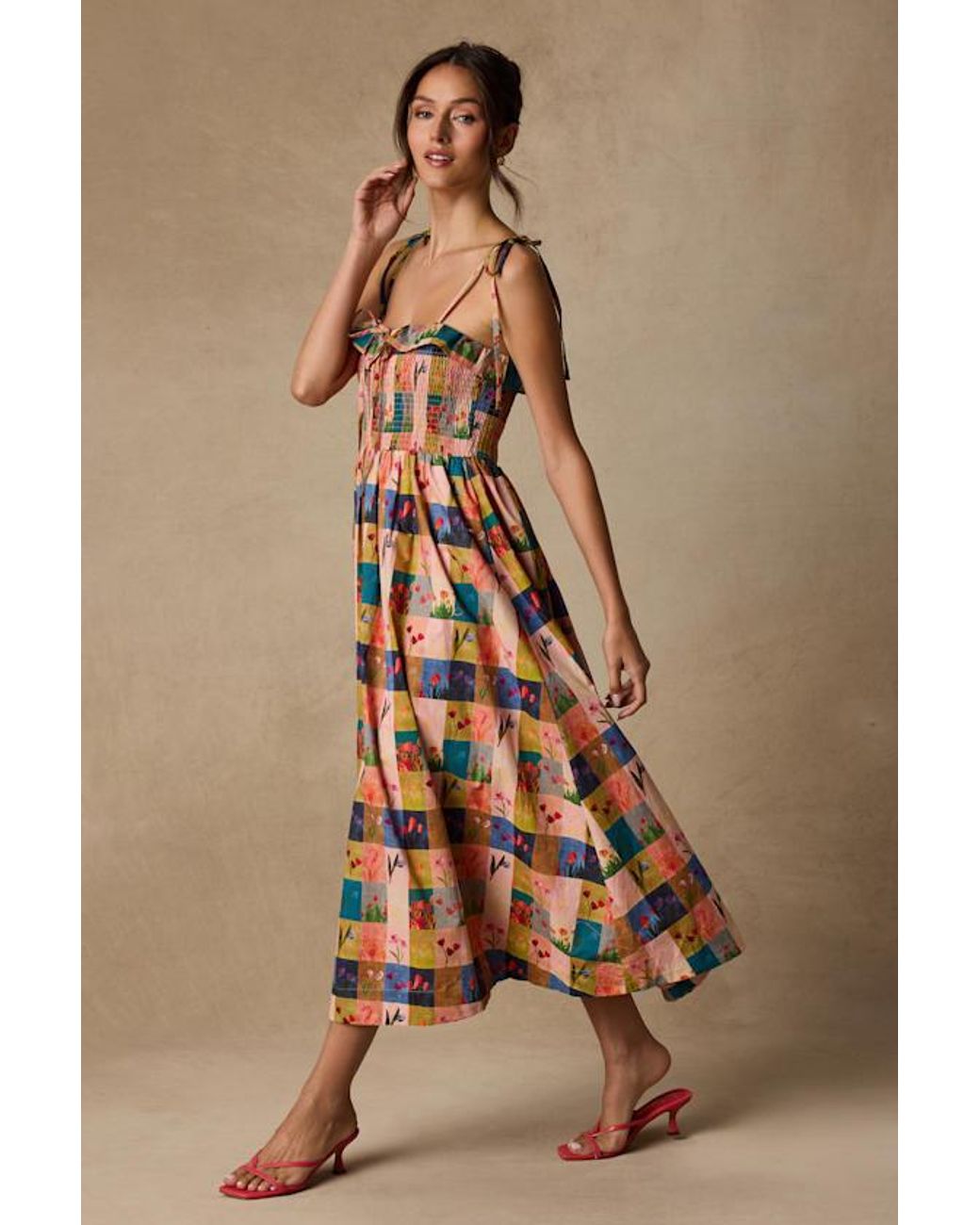 Lulus White Alessandra Blush Multi Gingham Floral Tie-Strap Midi Dress