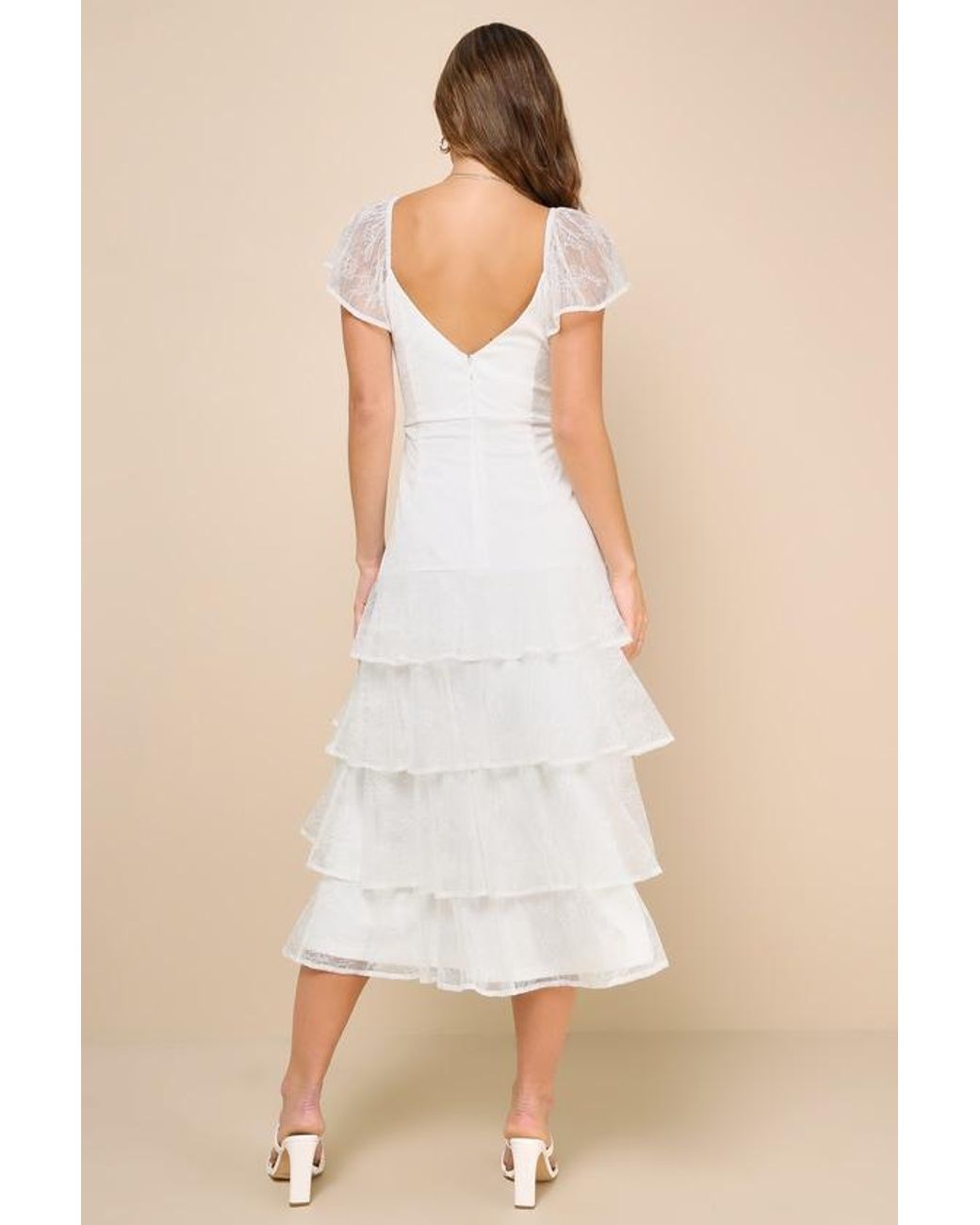 Lulus Natural Graceful Darling Lace Flutter Sleeve Tiered Midi Dress