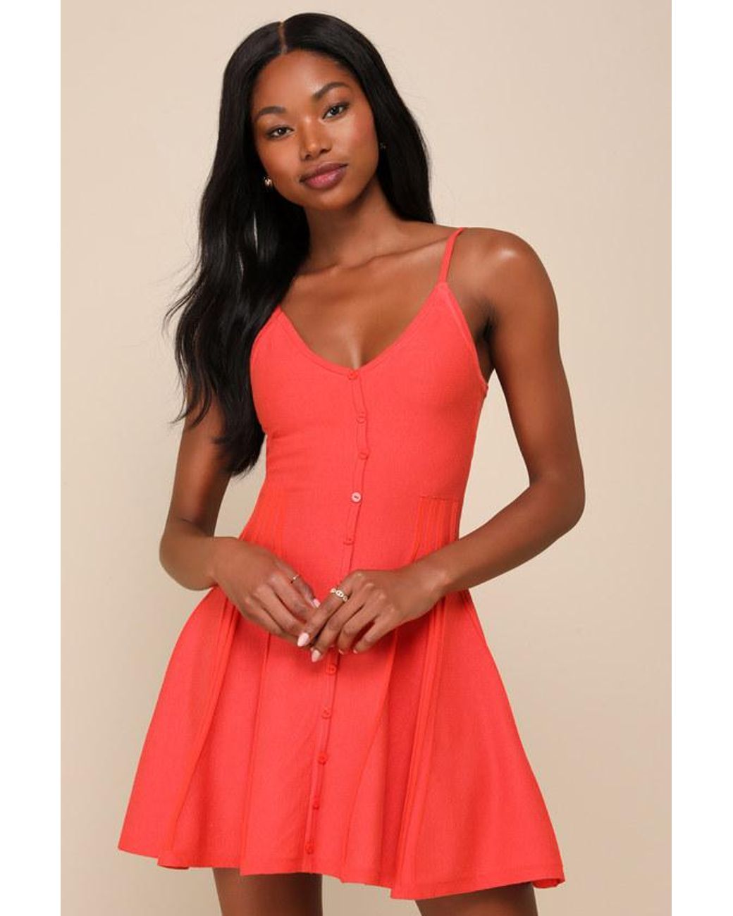 Lulus Red Flattering Disposition Button-Front Ribbed Mini Dress