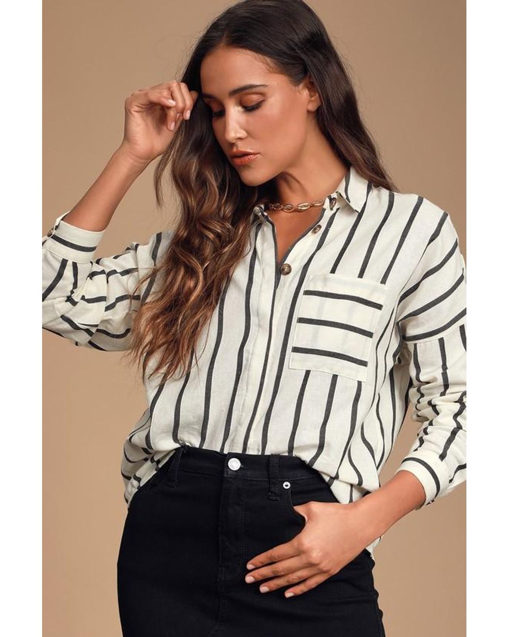 Lulus Black Amelia Dawn Off- Striped Long Sleeve Button-Up Top
