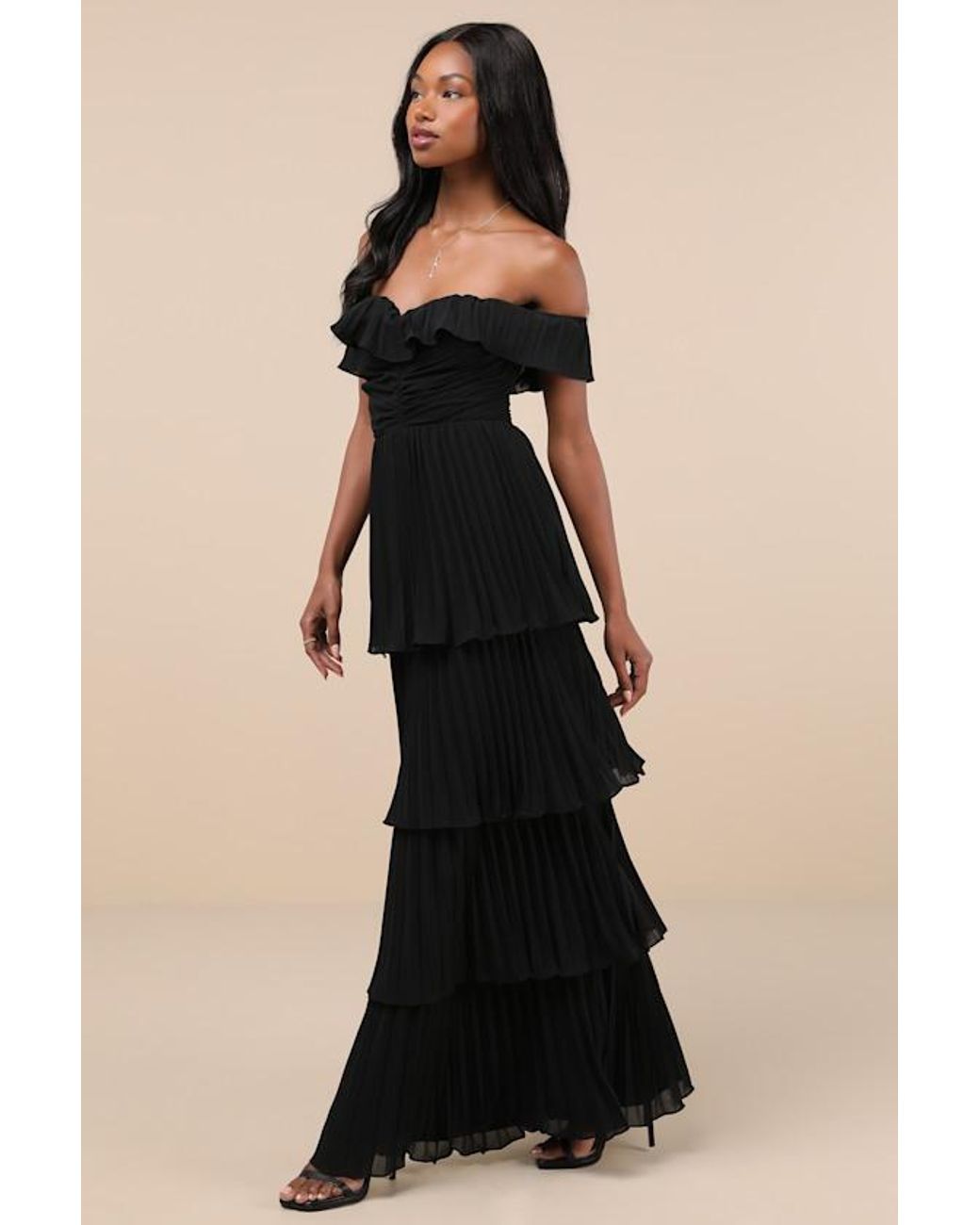 Lulus Black Always Remarkable Pleated Off-The-Shoulder Maxi Dress