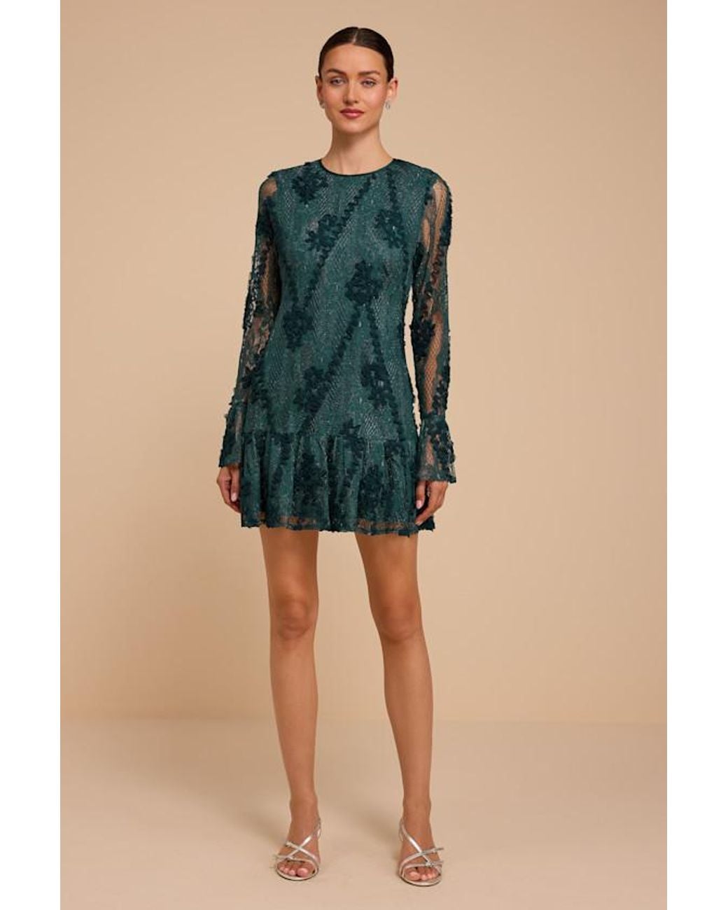 Lulus Blue Darling Era Emerald Lace Long Sleeve Ruffled Mini Dress