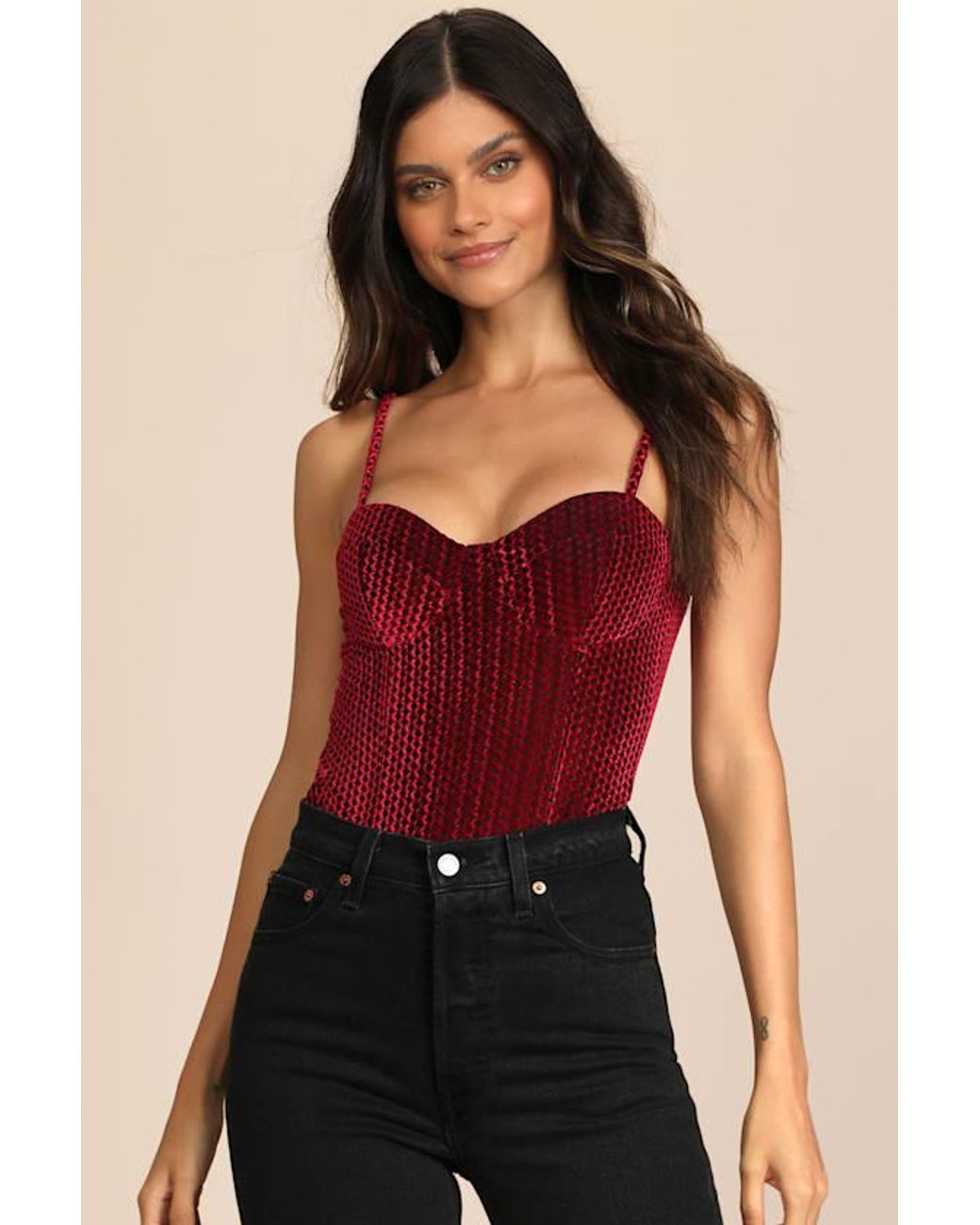 Lulus Red Flirty Feelings Velvet Bustier Bodysuit