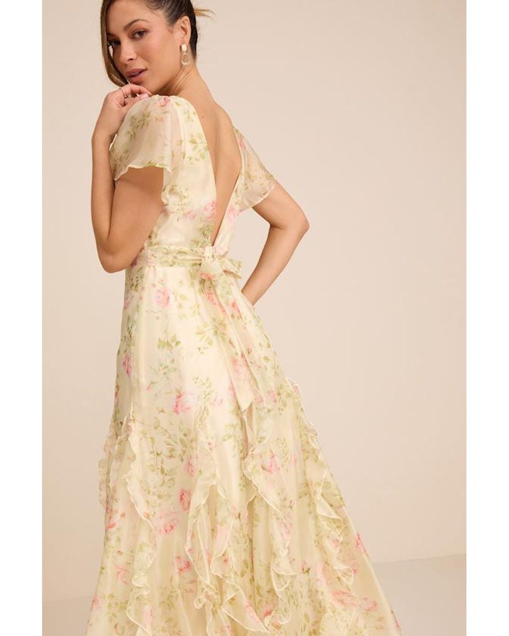 Lulus Natural Deluca Light Floral Ruffled Midi Dress