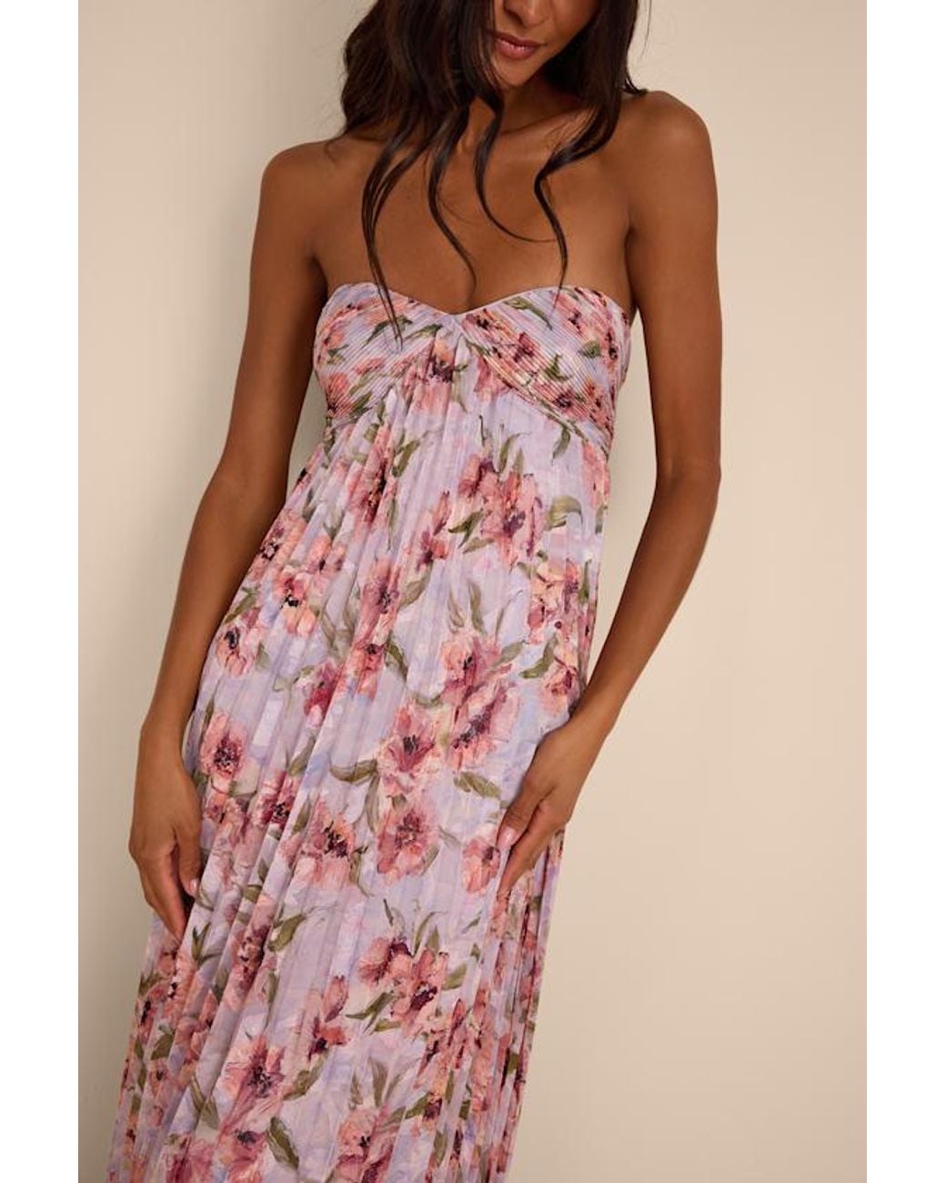 Lulus Pink Nola Floral Pleated Strapless Maxi Dress