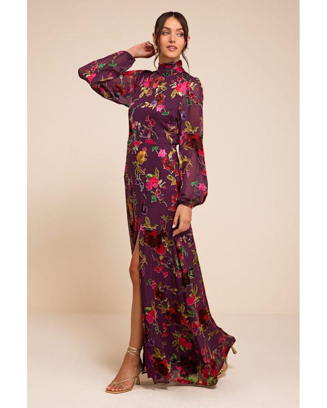 Lulus Purple Graceful Arrival Plum Floral Burnout Backless Maxi Dress