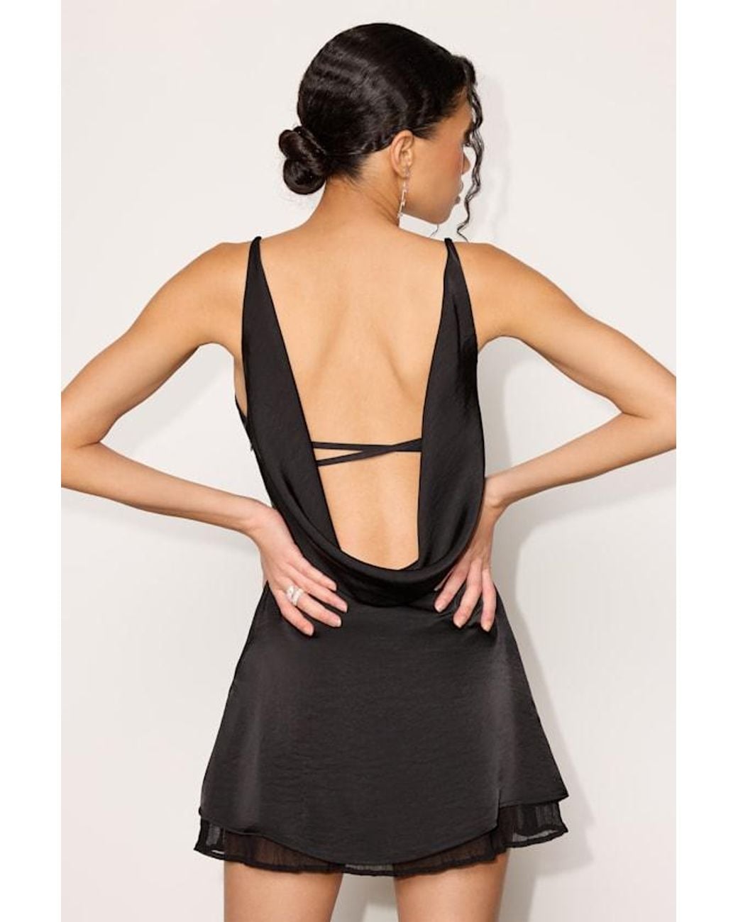 Lulus Black Dandria Satin Cowl Back Mini Dress
