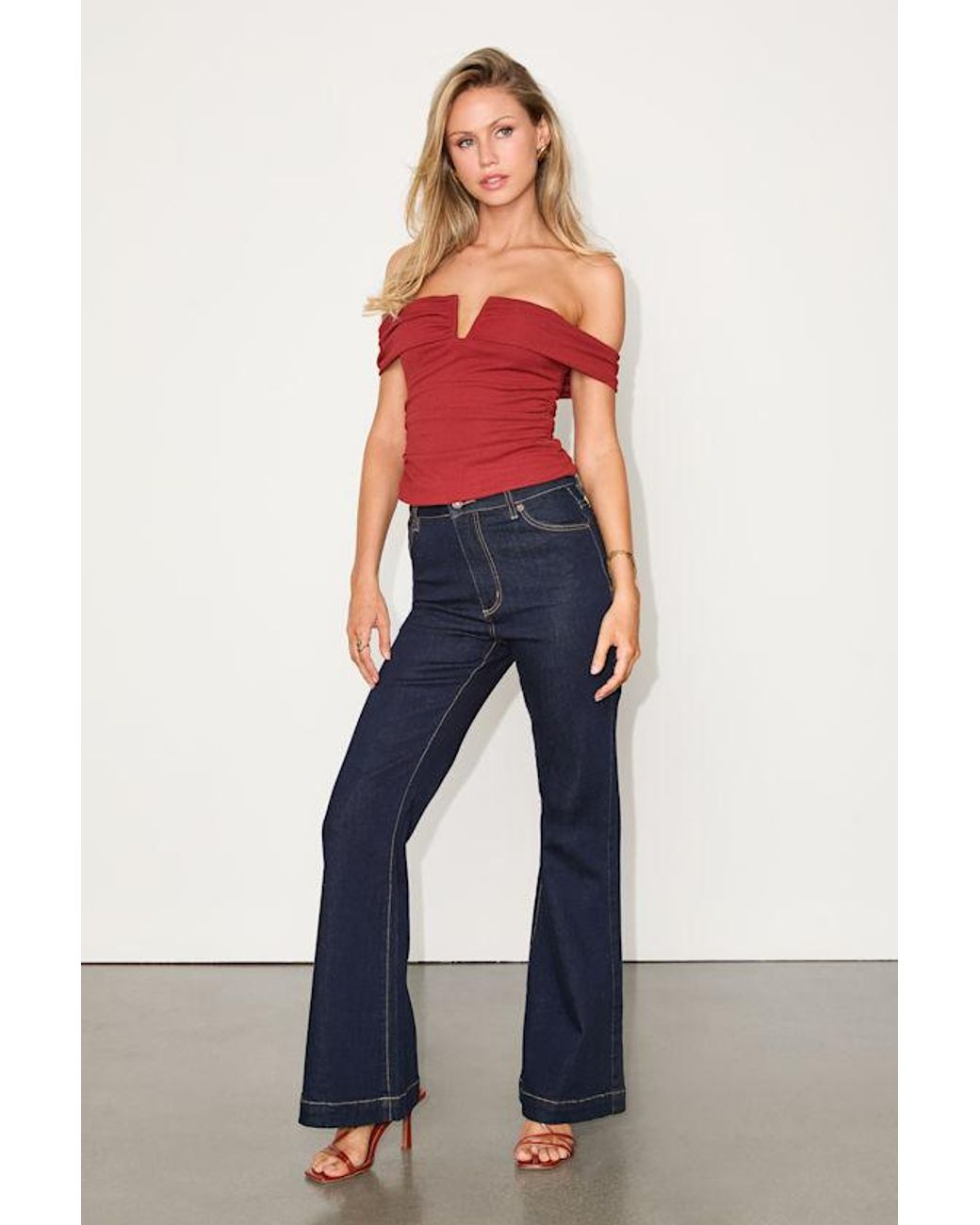 Lulus Red Reema Ribbed Notched Off-The-Shoulder Top
