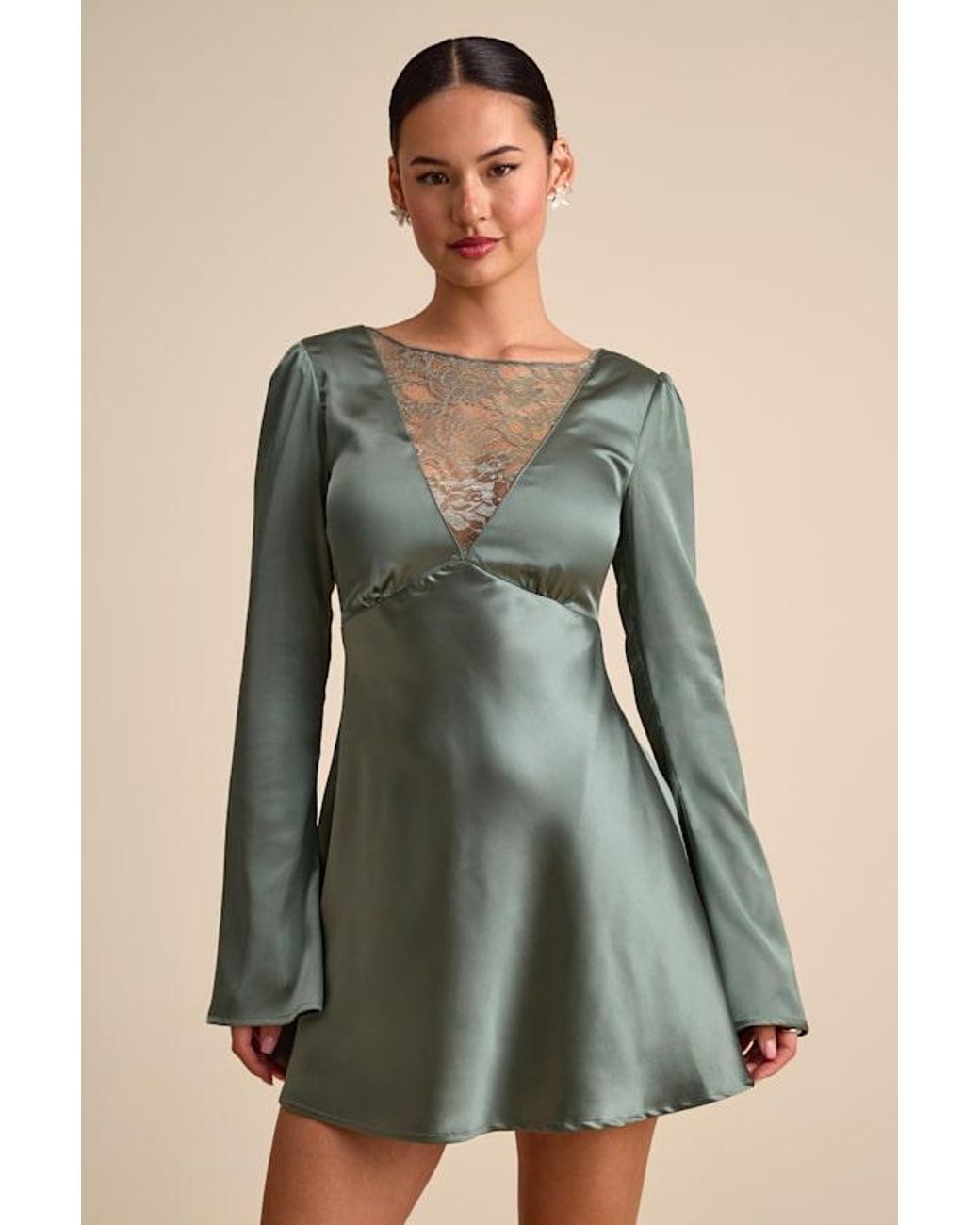 Lulus Green Emberlyn Satin Lace Long Sleeve Mini Dress
