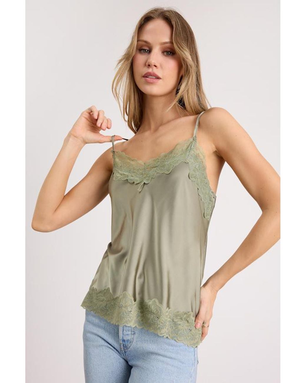 Lulus Green Cameron Sage Satin Lace Cami Top