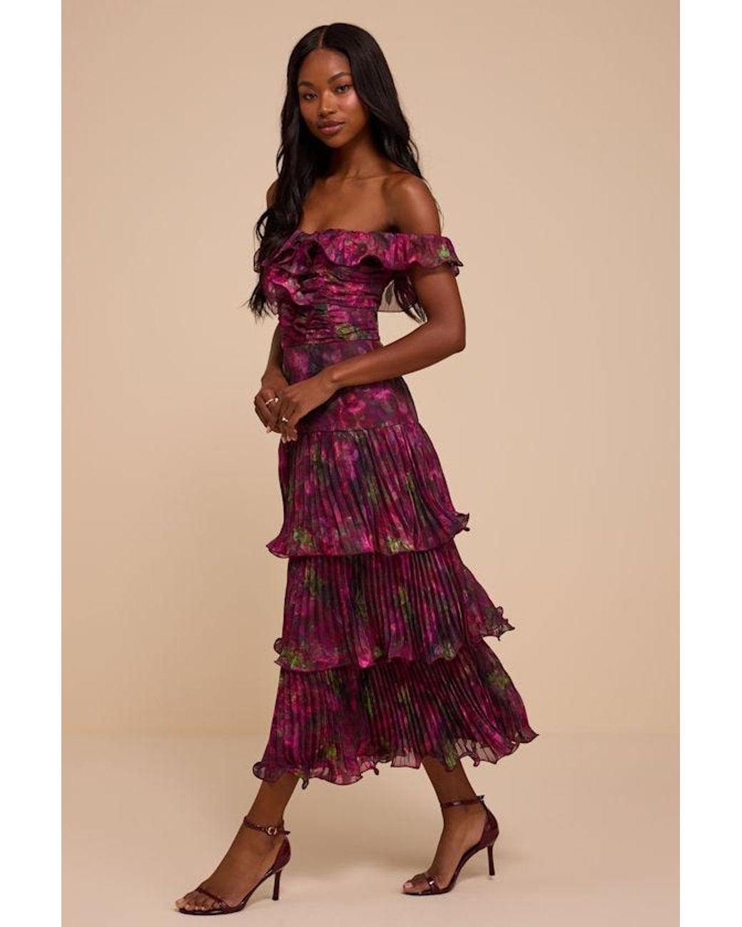 Lulus Red Krista Floral Off-The-Shoulder Midi Dress