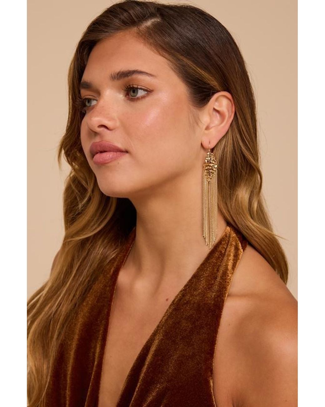 Lulus Brown Flashing Lights Fringe Earrings