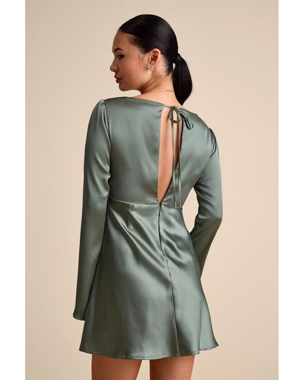 Lulus Green Emberlyn Satin Lace Long Sleeve Mini Dress