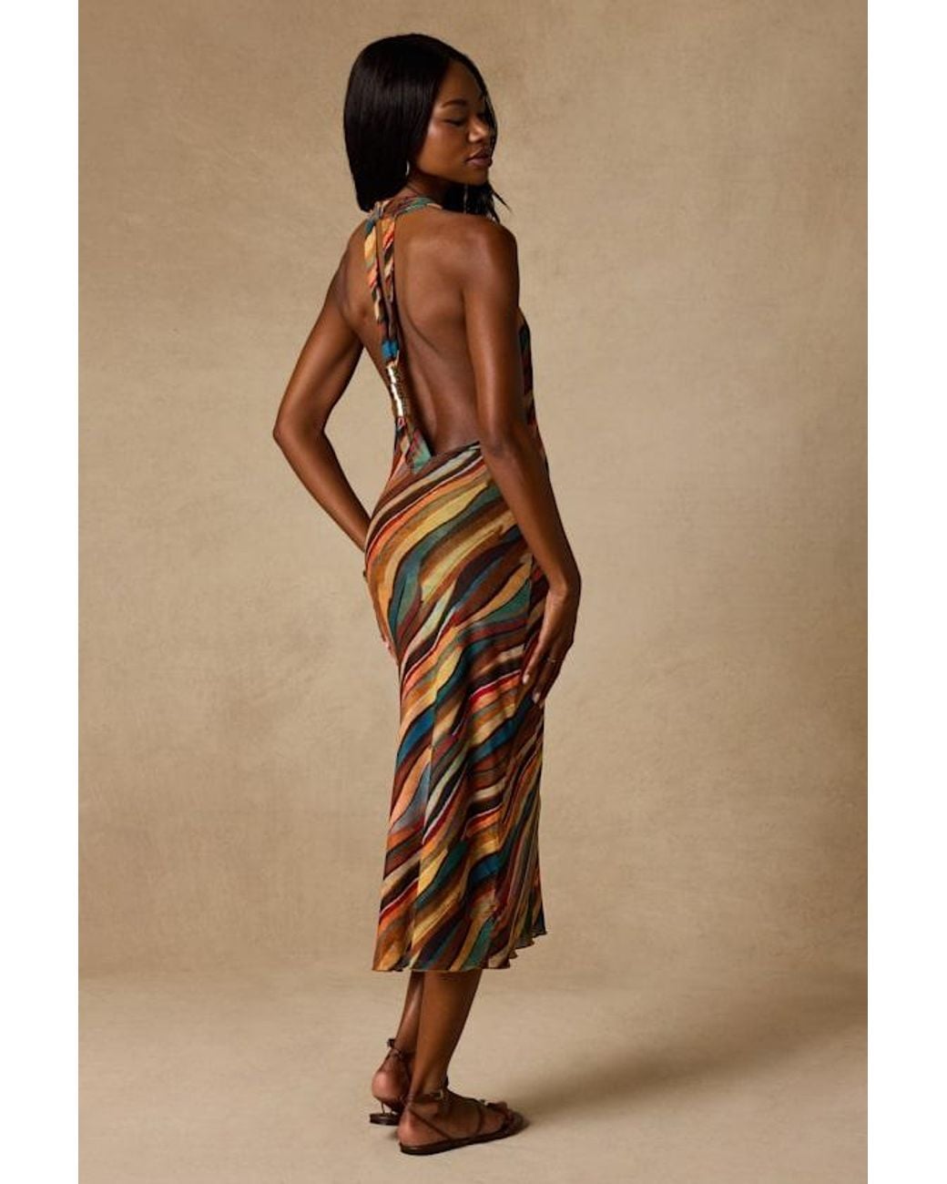 Lulus Brown Keiani Multi Print Backless Midi Dress