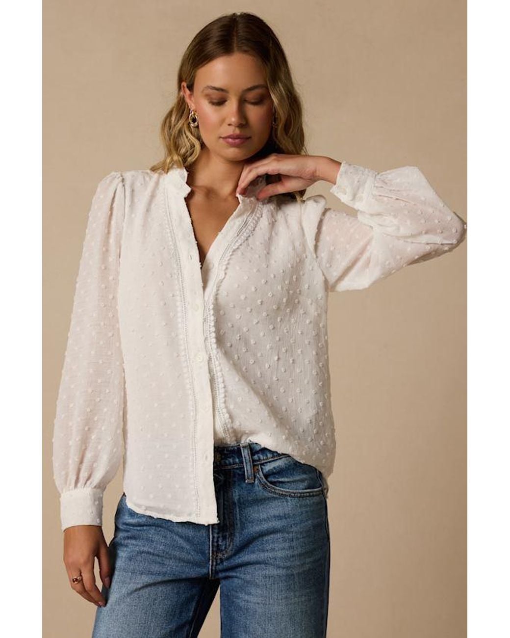 Lulus White Delightful Charm Swiss Dot Button-Up Long Sleeve Top