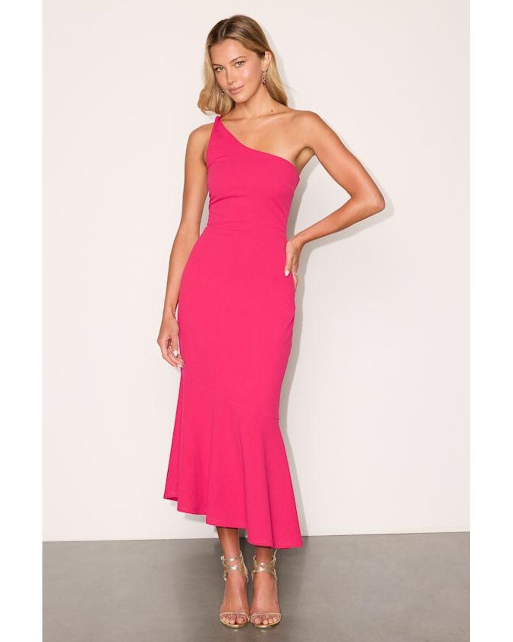 Lulus Pink Bianca One-Shoulder Trumpet Midi Dress