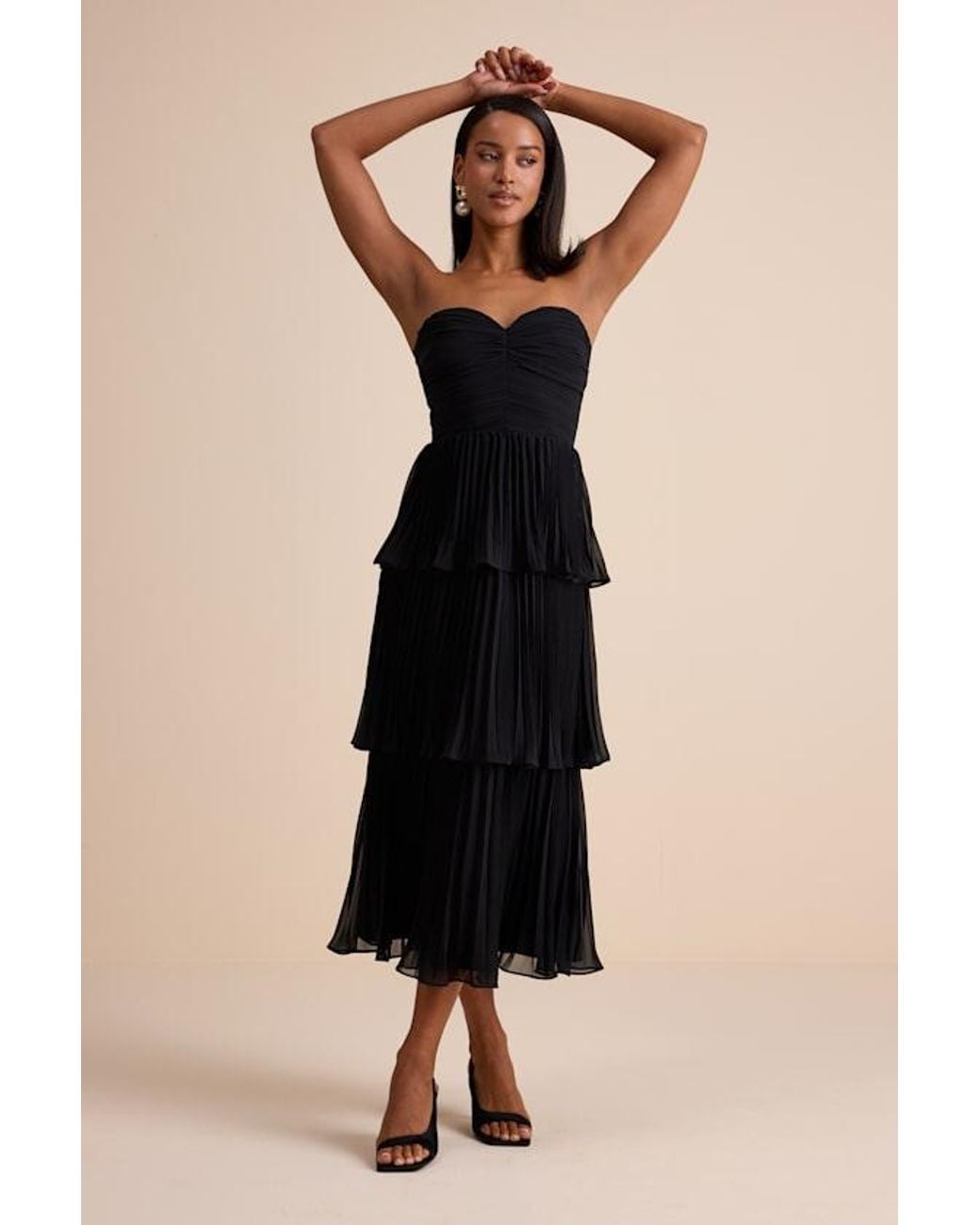 Lulus Black Seriously Sensational Strapless Tiered Midi Dress