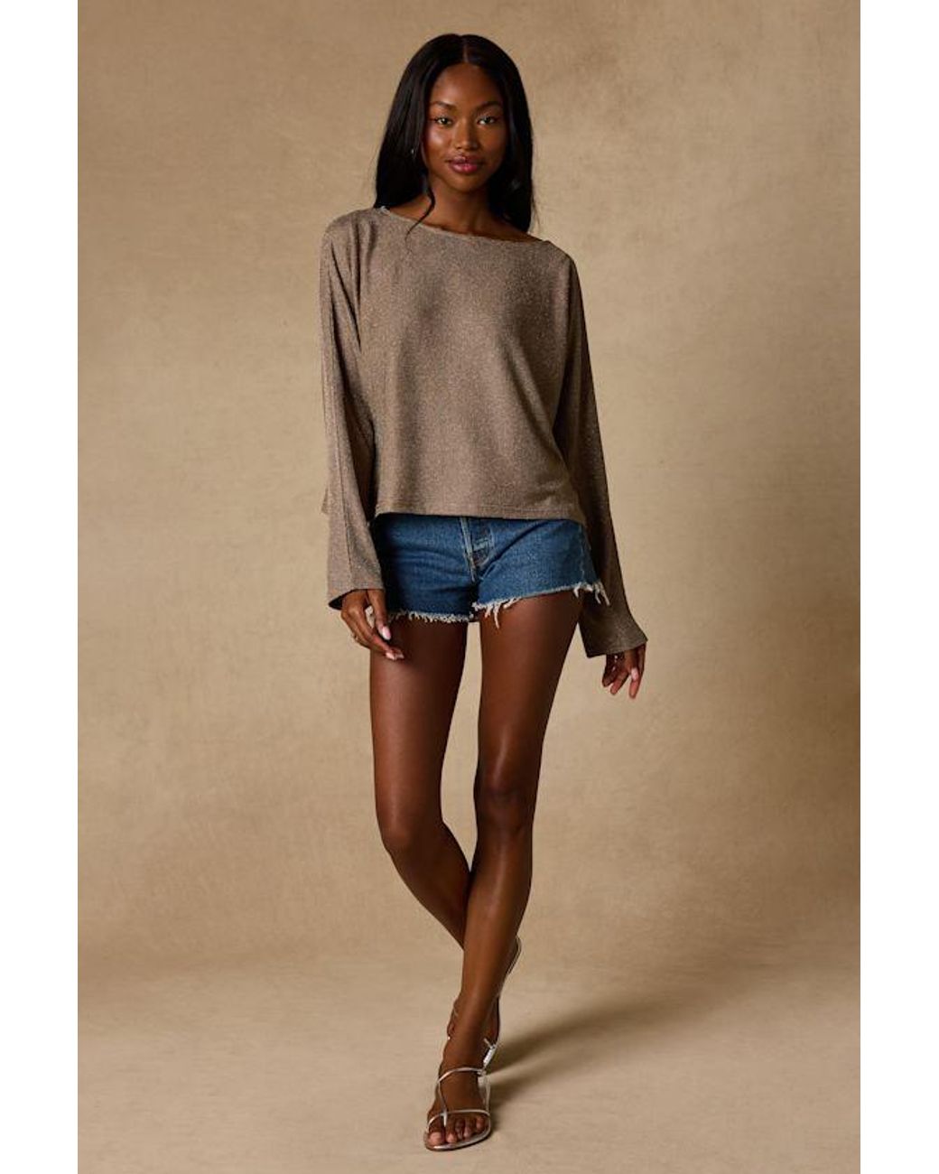 Lulus Brown Braylin Lurex Knit Dolman Sleeve Top