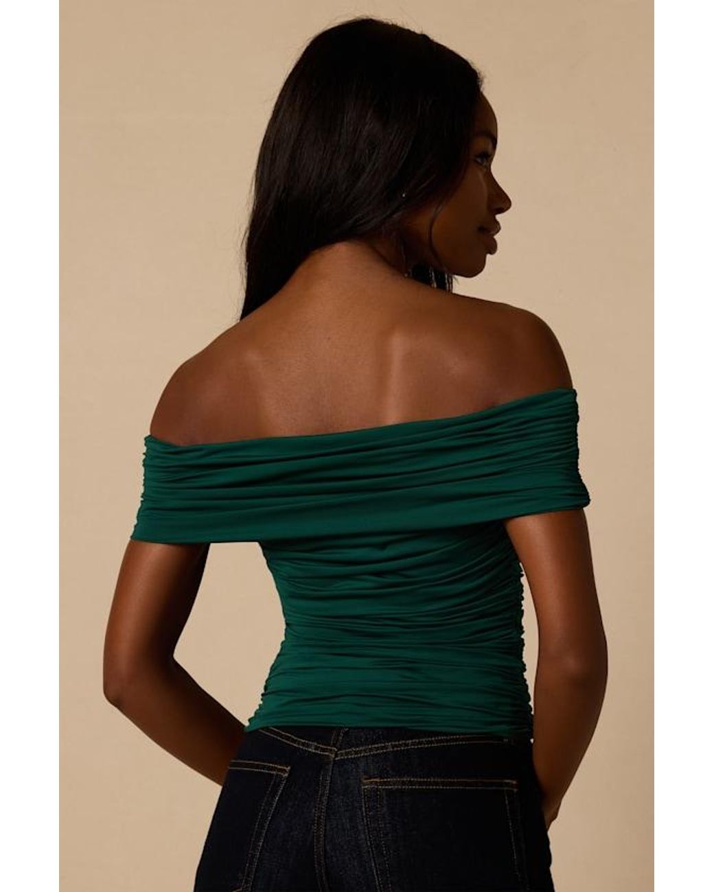 Lulus Green Jarena Ruched Off-The-Shoulder Top